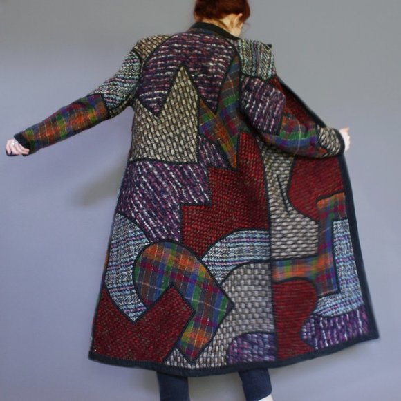 Vintage Koos Van Den Akker Women’s wool Coat Quilted Patchwork 80s sz 10, SMALL - Picture 1 of 12